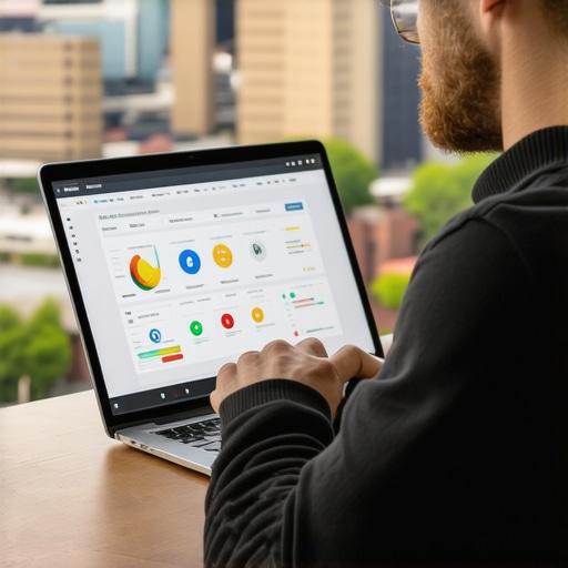 Deep Dive into Fort Wayne SEO Person analyzing local SEO strategies on a laptop with Fort Wayne cityscape