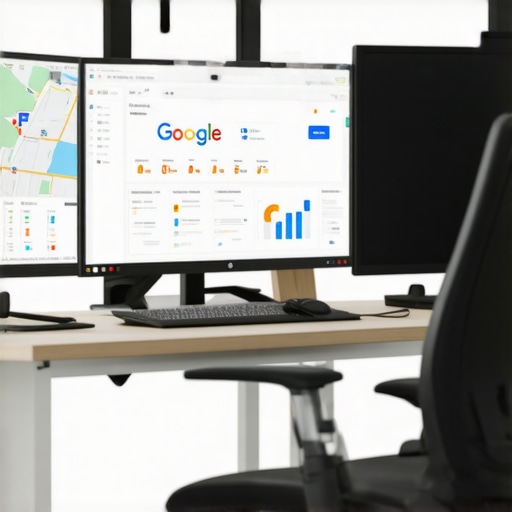 Desk with SEO and analytics tools open on multiple screens for local SEO management.