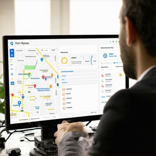 Businessman reviewing Google Maps analytics on a computer with a Fort Wayne map.