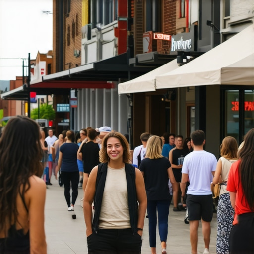 Busy street in Fort Wayne with shops and pedestrians.