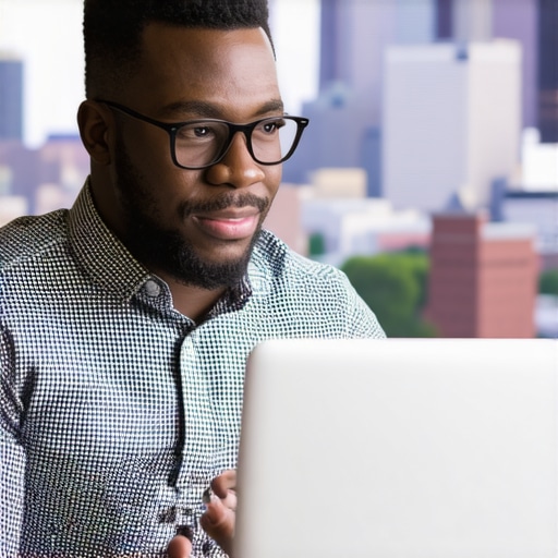 Business owner enhancing Google My Business listing with Fort Wayne background.