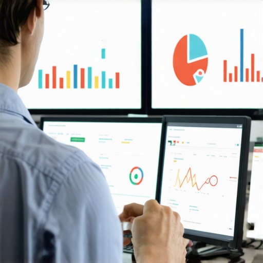 Marketing professional reviewing SEO analytics on computers in an Indiana-based office.