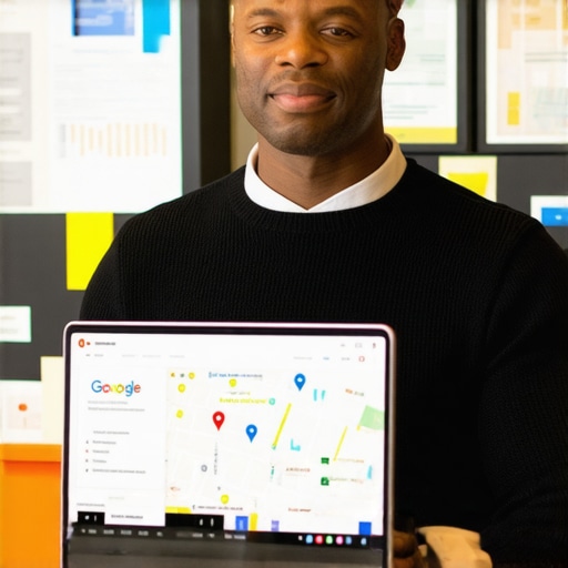 Optimizing Your Google Map Listing in Fort Wayne Business owner updating Google My Business profile on a laptop in a busy Fort Wayne shop.
