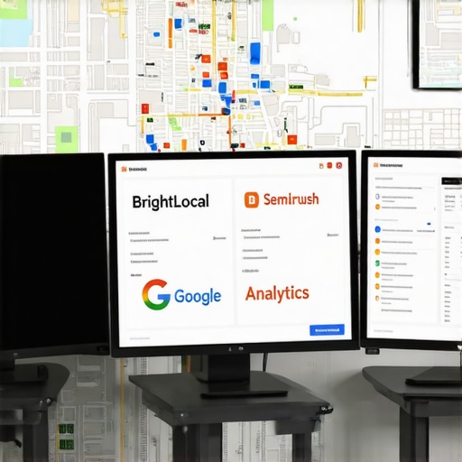 Screens displaying SEO analytics tools and Fort Wayne city map.
