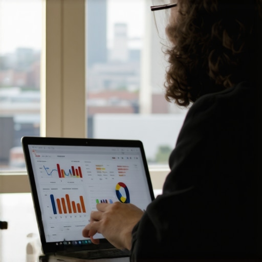 Business owner reviewing local SEO analytics on laptop with Fort Wayne cityscape in background.