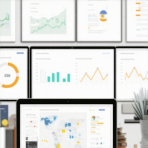 A person analyzing SEO metrics on computer screens showing maps and graphs