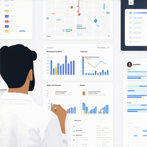 A person reviewing SEO performance metrics on screens showing maps and graphs.