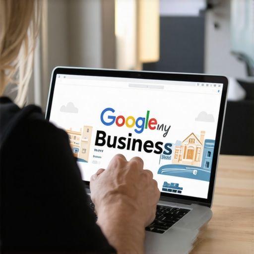 Person editing Google My Business profile on laptop with Fort Wayne backdrop.