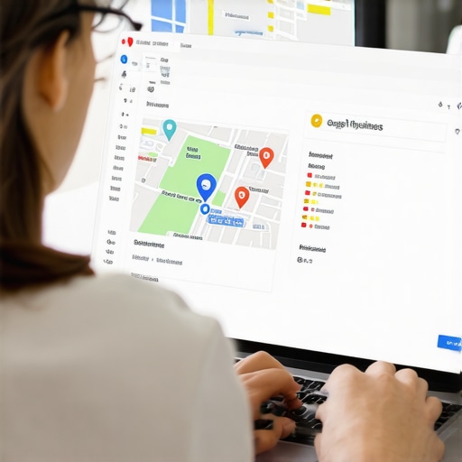 Person editing Google My Business profile on laptop showing local maps and reviews