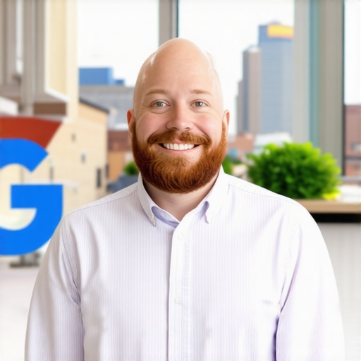 Business owner updating Google My Business profile with Fort Wayne cityscape