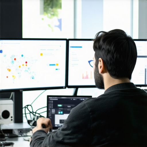Expert analyzing local SEO data on computer monitors in an office setting